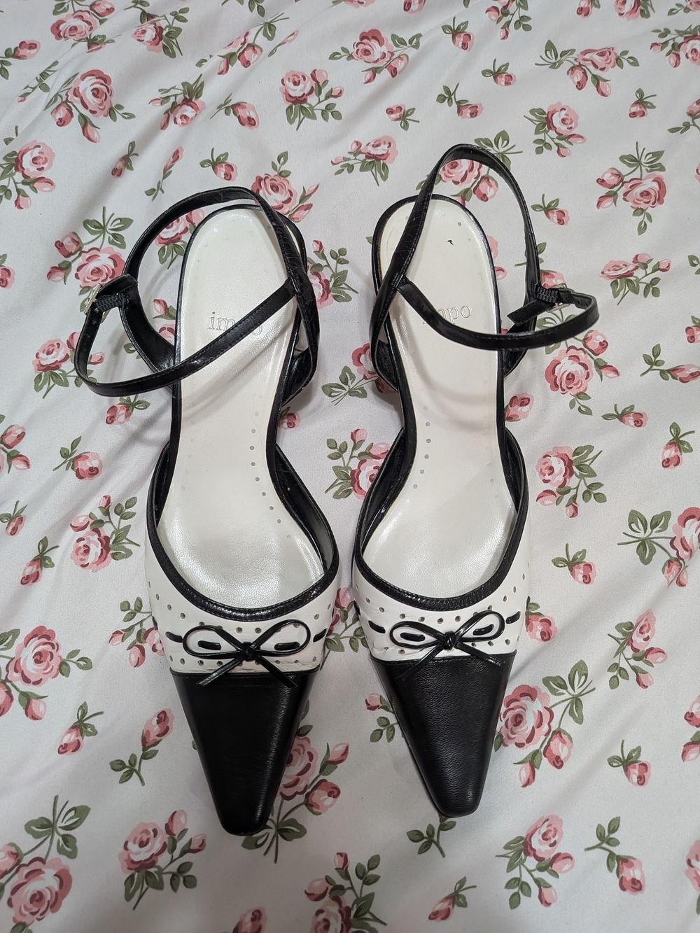 Impo Black and White Pointed Toe Slingback Heels with Bow
